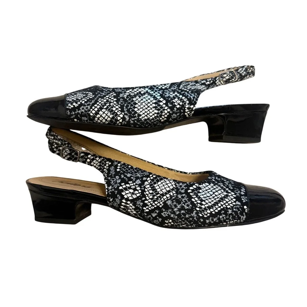 Trotters Slingback Pumps Womens 8M Black White Snakeskin Print Cap Toe Pre-Loved